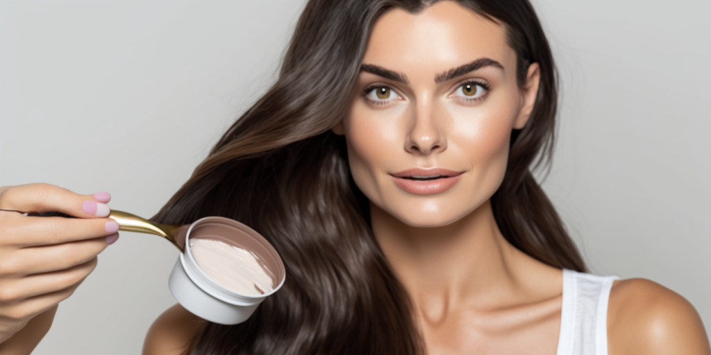 Pretty woman with healthy long brown hair, applying hair mask