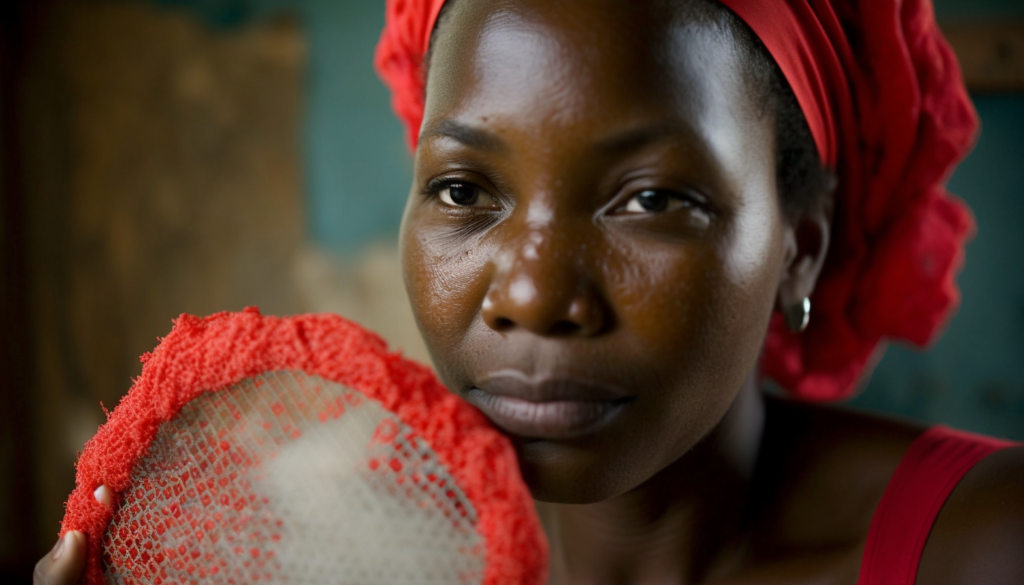 African woman using bath net sponge