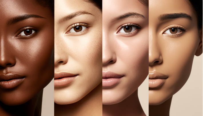 Image shows 4 woman with different skin types, natural skin, oily skin and sensitive skin